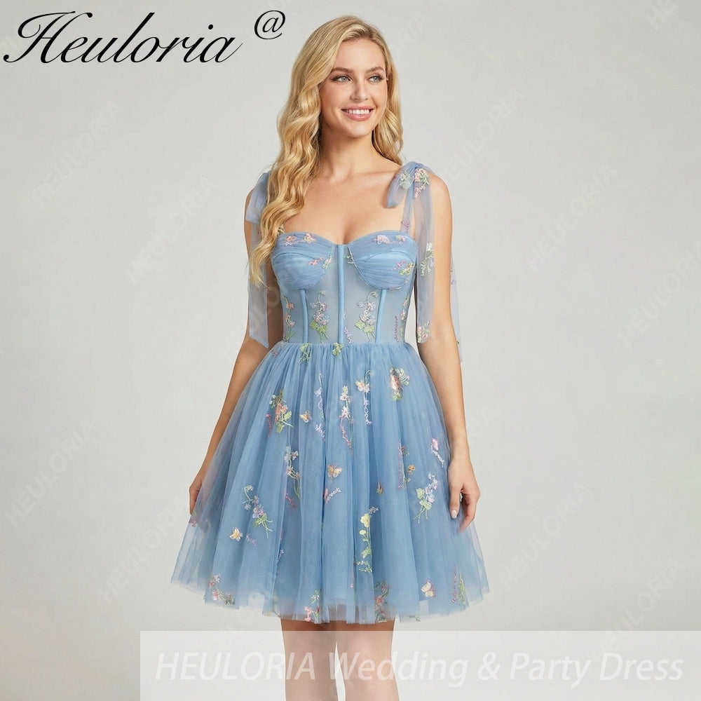 HEULORIA Floral Embroidered Tulle Mini Dress - Sweetheart Corset Bodice with Sheer Tie-Shoulder Straps ED-273