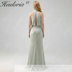 HEULORIA Elegant Dusty Sage Criss-Cross Halter Satin Mermaid Formal Gown ED-229