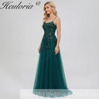 HEULORIA Elegant Dark Green Sequin Floral Prom Dress - Spaghetti Straps & Glitter Tulle A-Line Gown ED-339