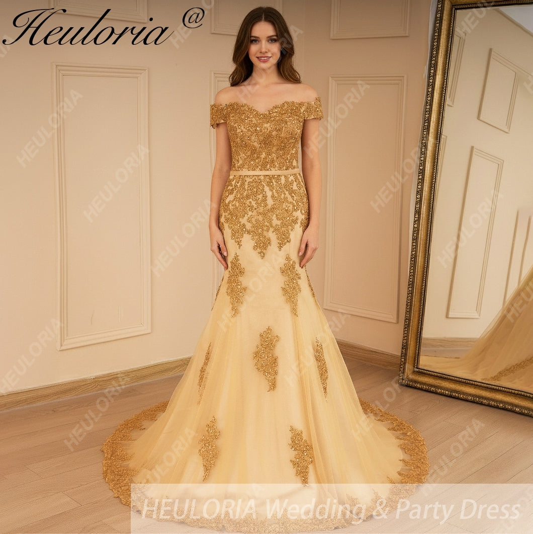 HEULORIA mermaid evening dress off shoulder lace beading wedding party dress long train formal prom dress ME-646