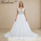 HEULORIA Shimmering Floral Lace Ball Gown Wedding Dress with Illusion V-Neck and Cathedral Train AL-1060