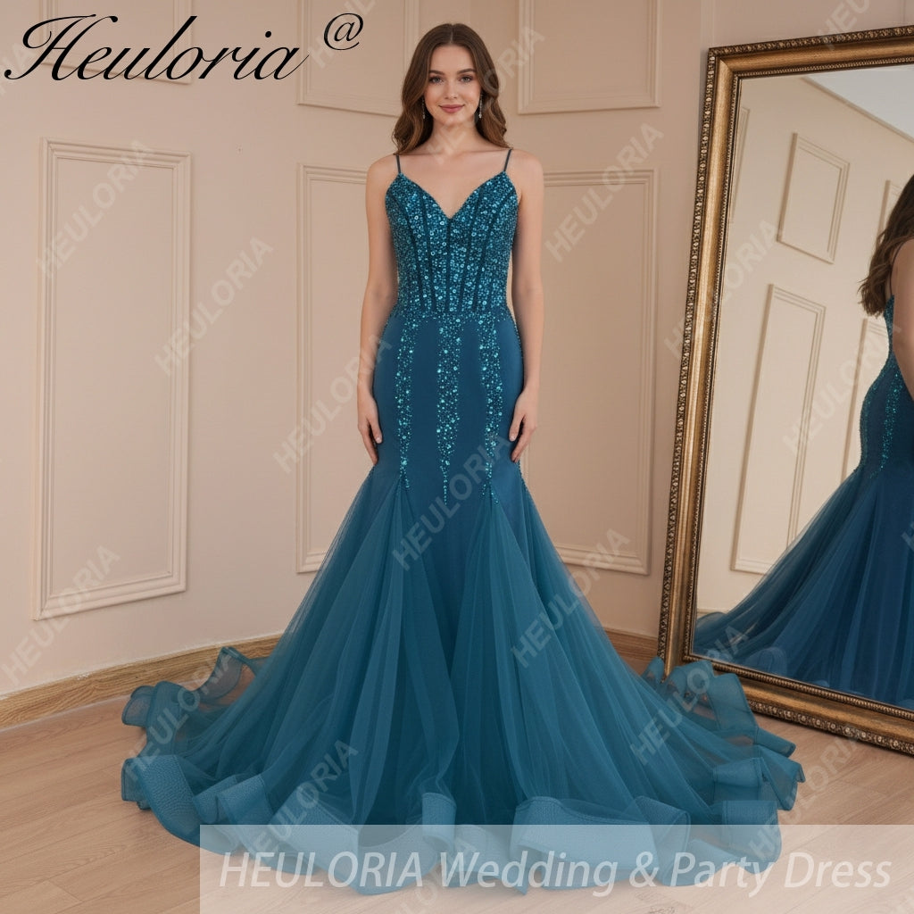 HEULORIA Sweetheart Lace Beading Mermaid Evening Dresses Long Formal Prom Dresses