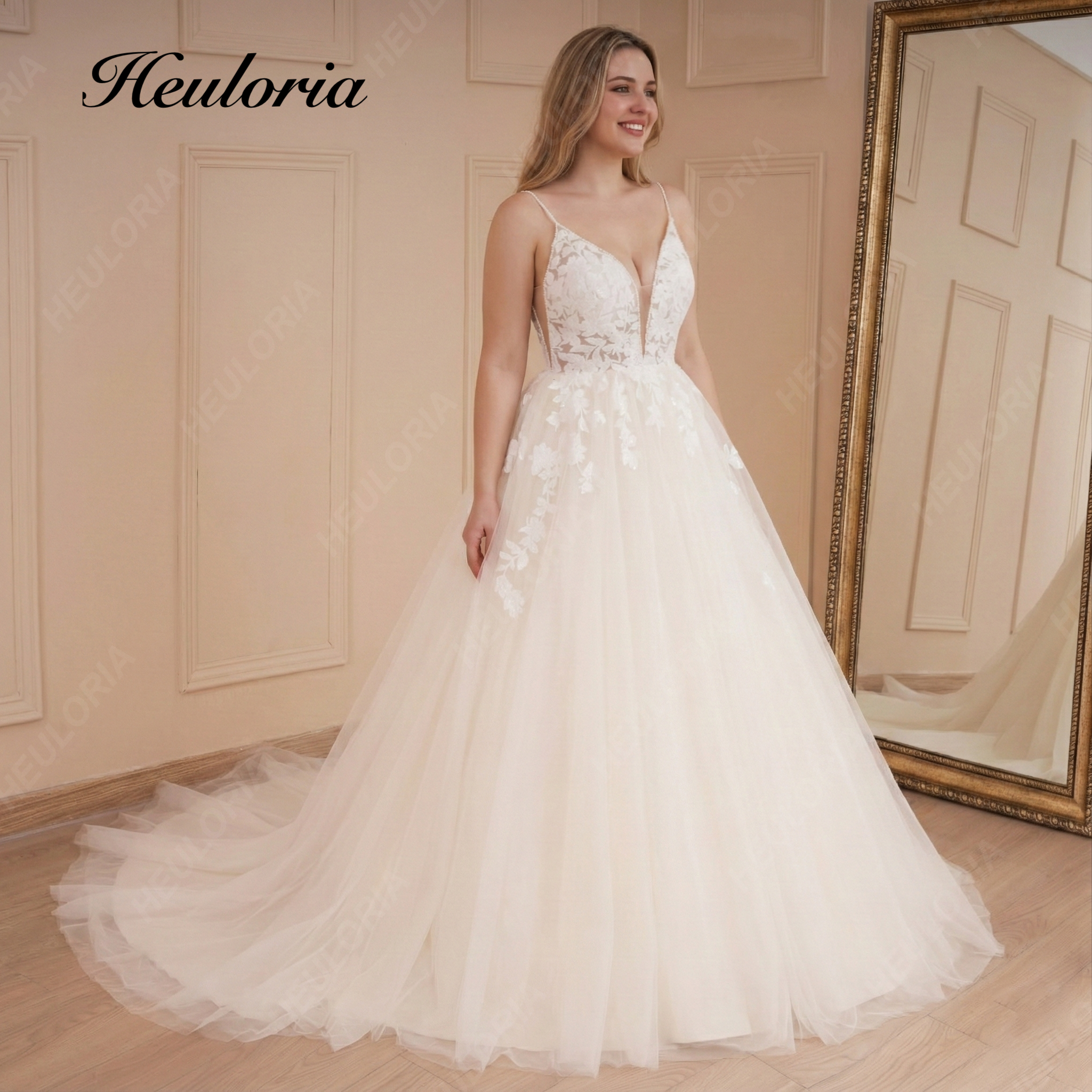HEULORIA Ethereal Floral Lace A-Line Wedding Dress with Plunging Beaded V-Neck and Open Back AL-528
