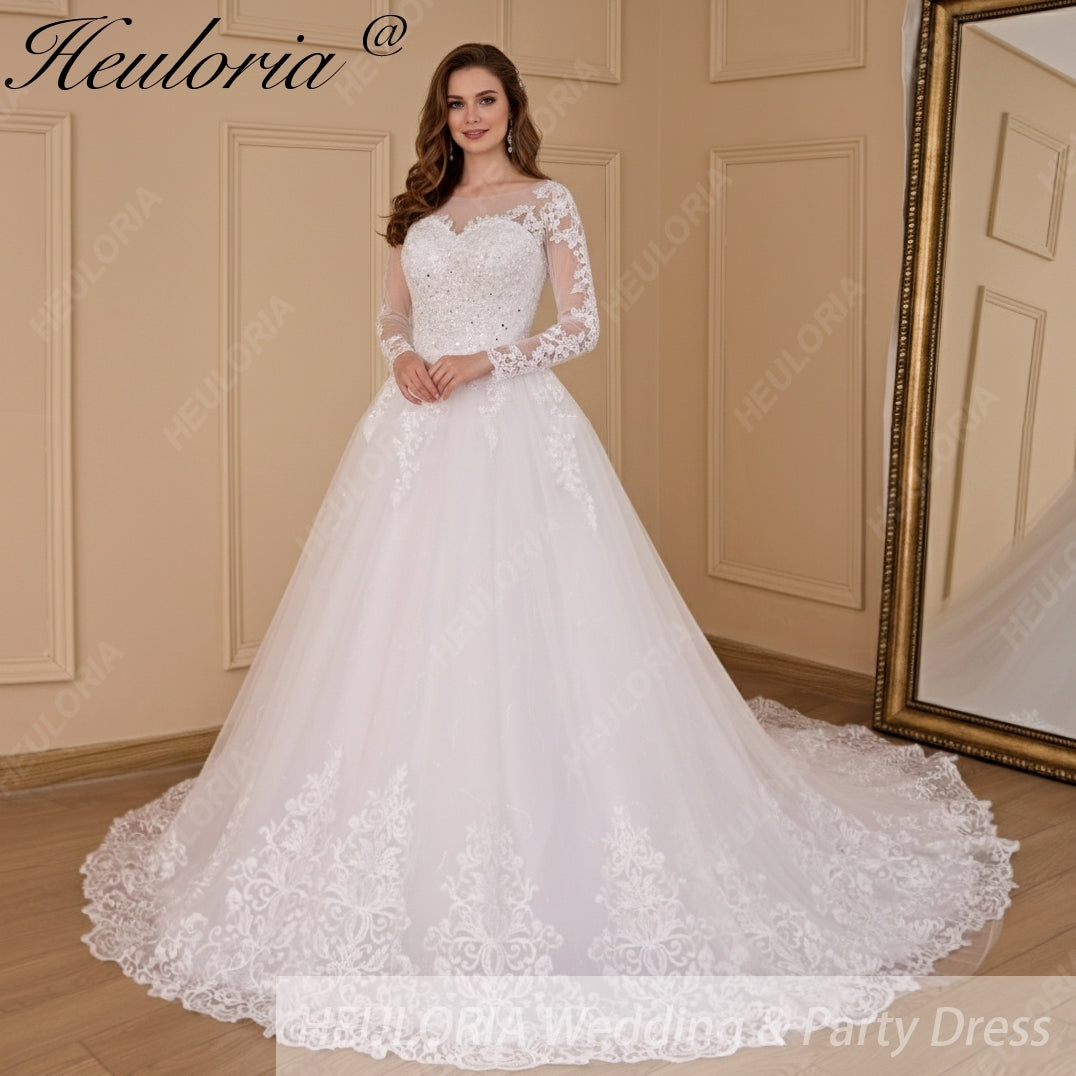 HEULORIA Princess Wedding Dress long sleeve bride dress V neck plus size robe de mariee Lace beading Wedding Bridal Gown BA-684