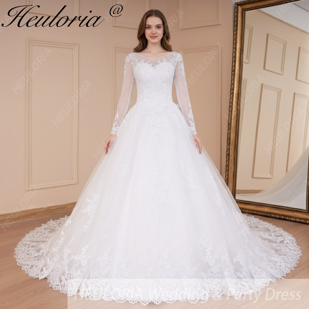 HEULORIA princess wedding dress long sleeve shinny skirt lace applique plus size pearl beads bride dress customize BA-535