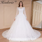 HEULORIA princess wedding dress long sleeve shinny skirt lace applique plus size pearl beads bride dress customize BA-535