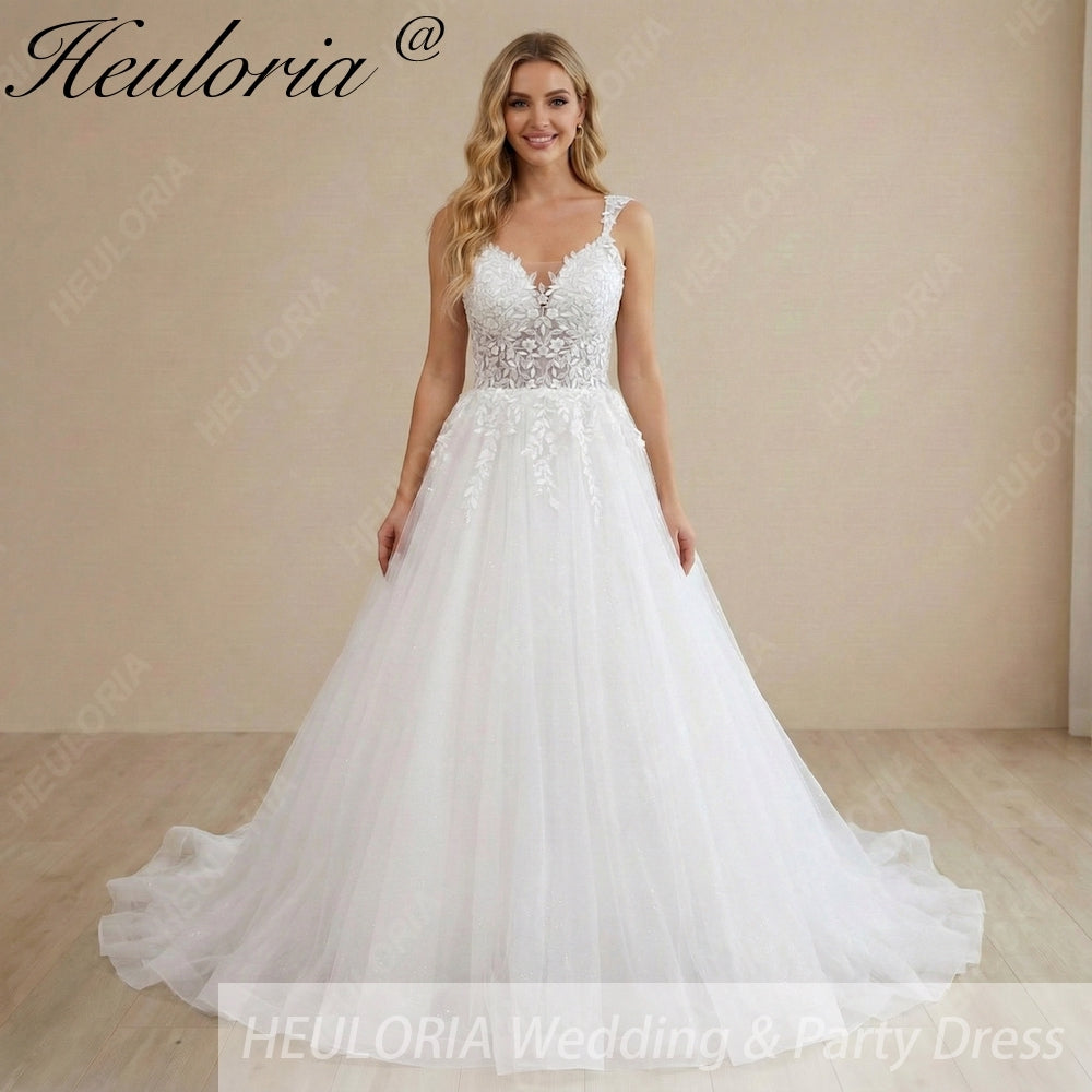 HEULORIA Enchanting Leaf Lace A-Line Wedding Dress - Shimmering Tulle & Plunging Illusion V-Neck AL-1010