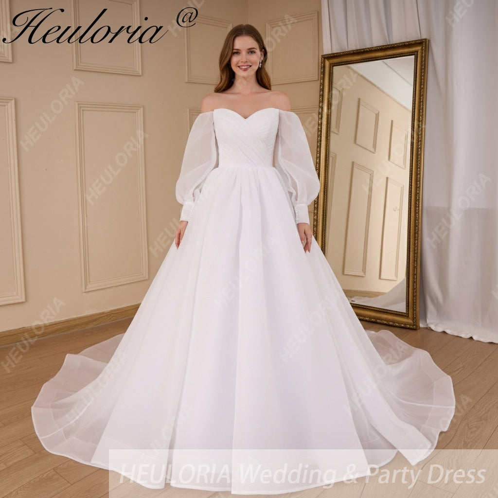 HEULORIA elegant A line wedding dress long sleeve off shoulder organza bride dress Robe De Mariee Wedding Bride Dress long train AL-821