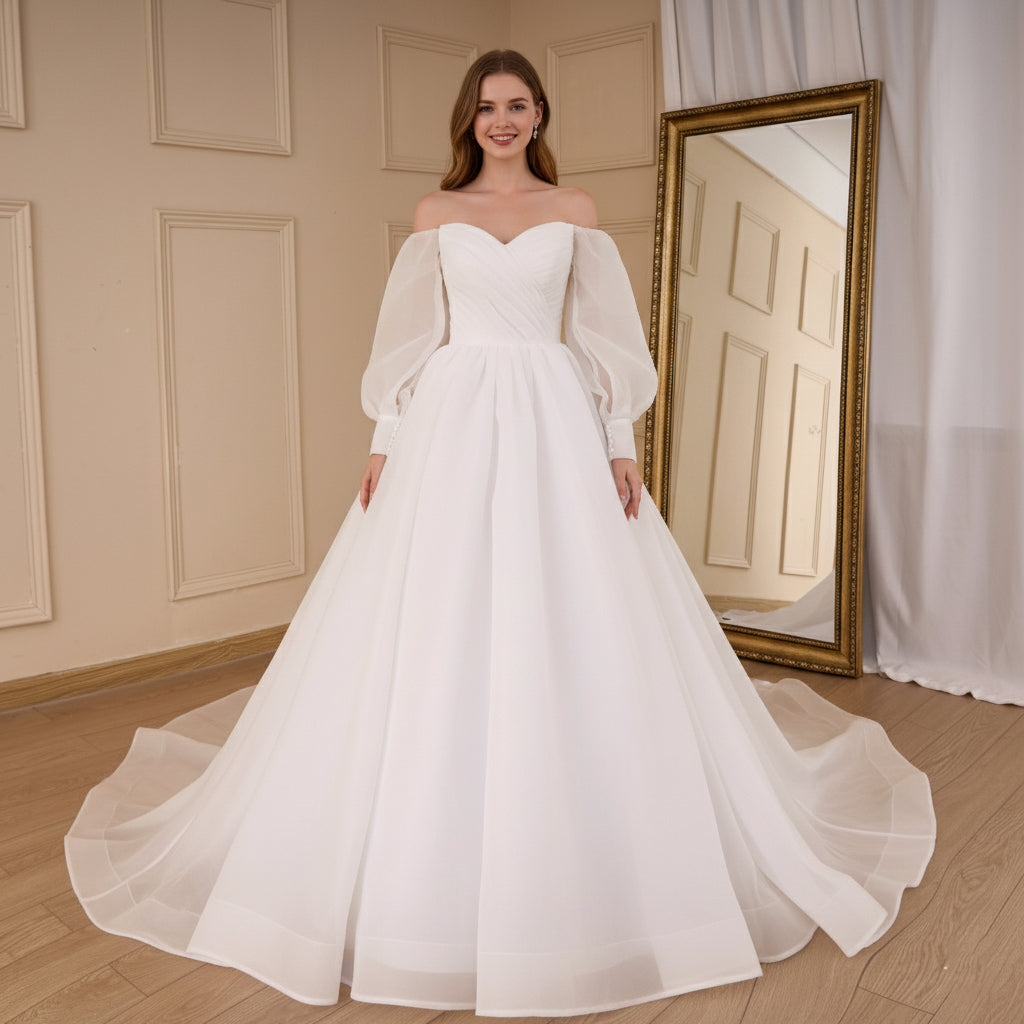 HEULORIA elegant A line wedding dress long sleeve off shoulder organza bride dress Robe De Mariee Wedding Bride Dress long train AL-821