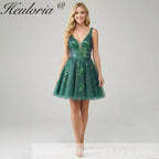HEULORIA Sparkling V-Neck Sequined Lace Homecoming Dress - Sleeveless A-Line Short Party Gown ED-281