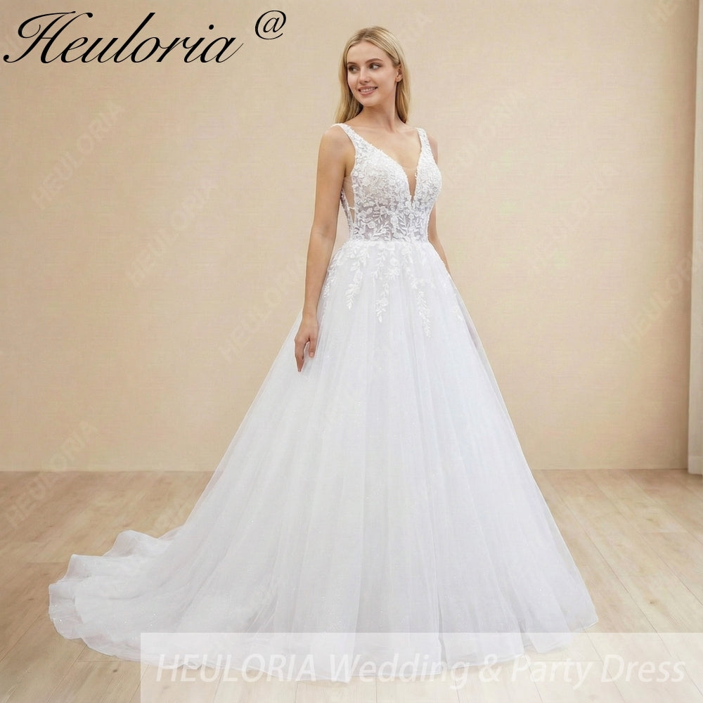 HEULORIA Romantic Floral Lace A-Line Wedding Dress - Deep V-Neck Shimmer Tulle Bridal Gown AL-1094
