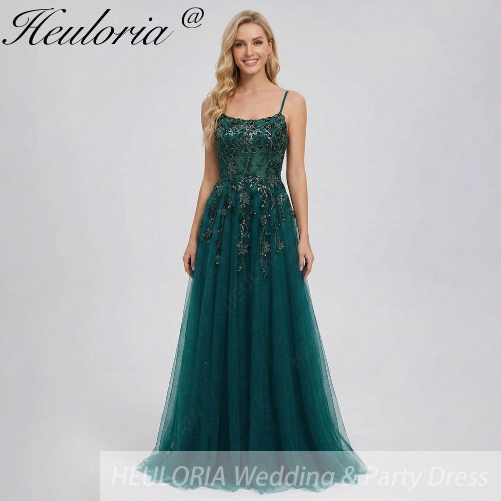HEULORIA Elegant Dark Green Sequin Floral Prom Dress - Spaghetti Straps & Glitter Tulle A-Line Gown ED-339 Image principale du produit