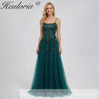 HEULORIA Elegant Dark Green Sequin Floral Prom Dress - Spaghetti Straps & Glitter Tulle A-Line Gown ED-339