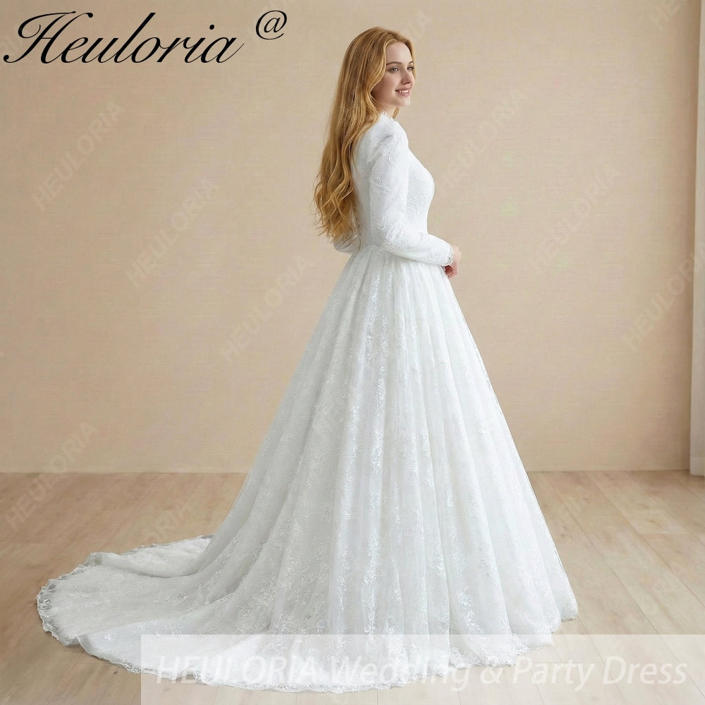 HEULORIA Victorian-Inspired High Neck Lace Wedding Dress with Elegant Puff Sleeves & Chapel Train muslim wedding dress  BA-1204
