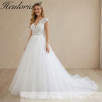 HEULORIA 3D Floral Lace A-Line Wedding Dress with Illusion V-Neck & Romantic Cap Sleeves AL-1042
