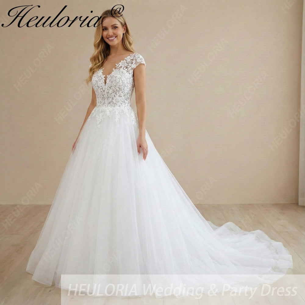 HEULORIA 3D Floral Lace A-Line Wedding Dress with Illusion V-Neck & Romantic Cap Sleeves AL-1042