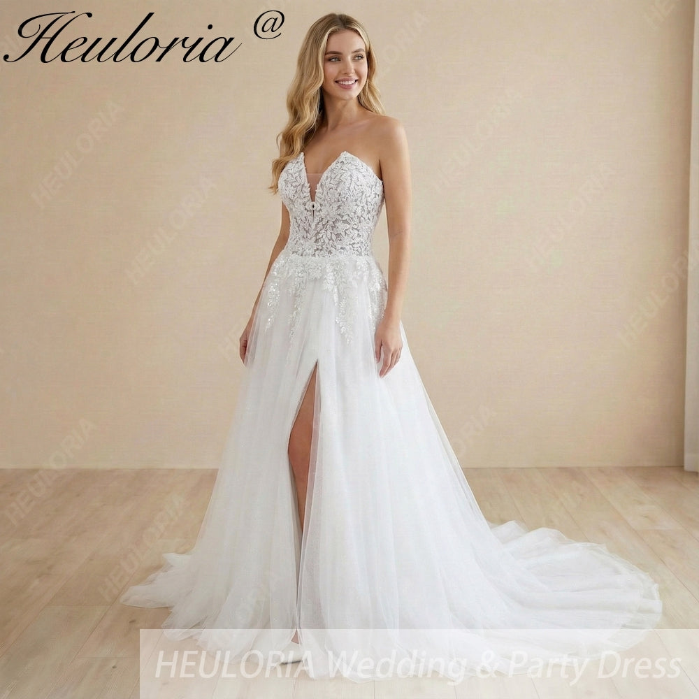 Heuloria Romantic Lace A-Line Wedding Dress: Plunging Sweetheart Neckline & High Slit Skirt AL-1034