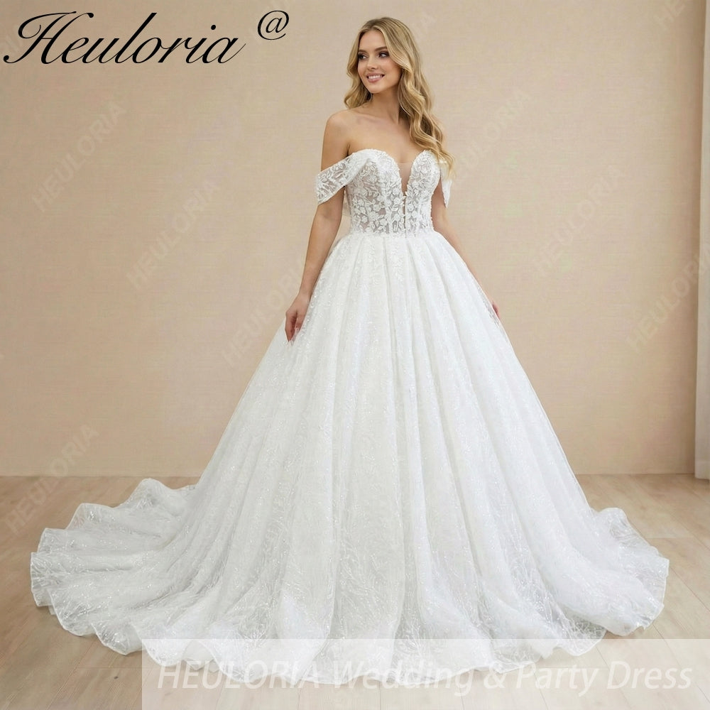 HEULORIA Off-the-Shoulder Princess Wedding Dress - Sparkle Glitter Ball Gown with Floral Lace Corset BA-1100