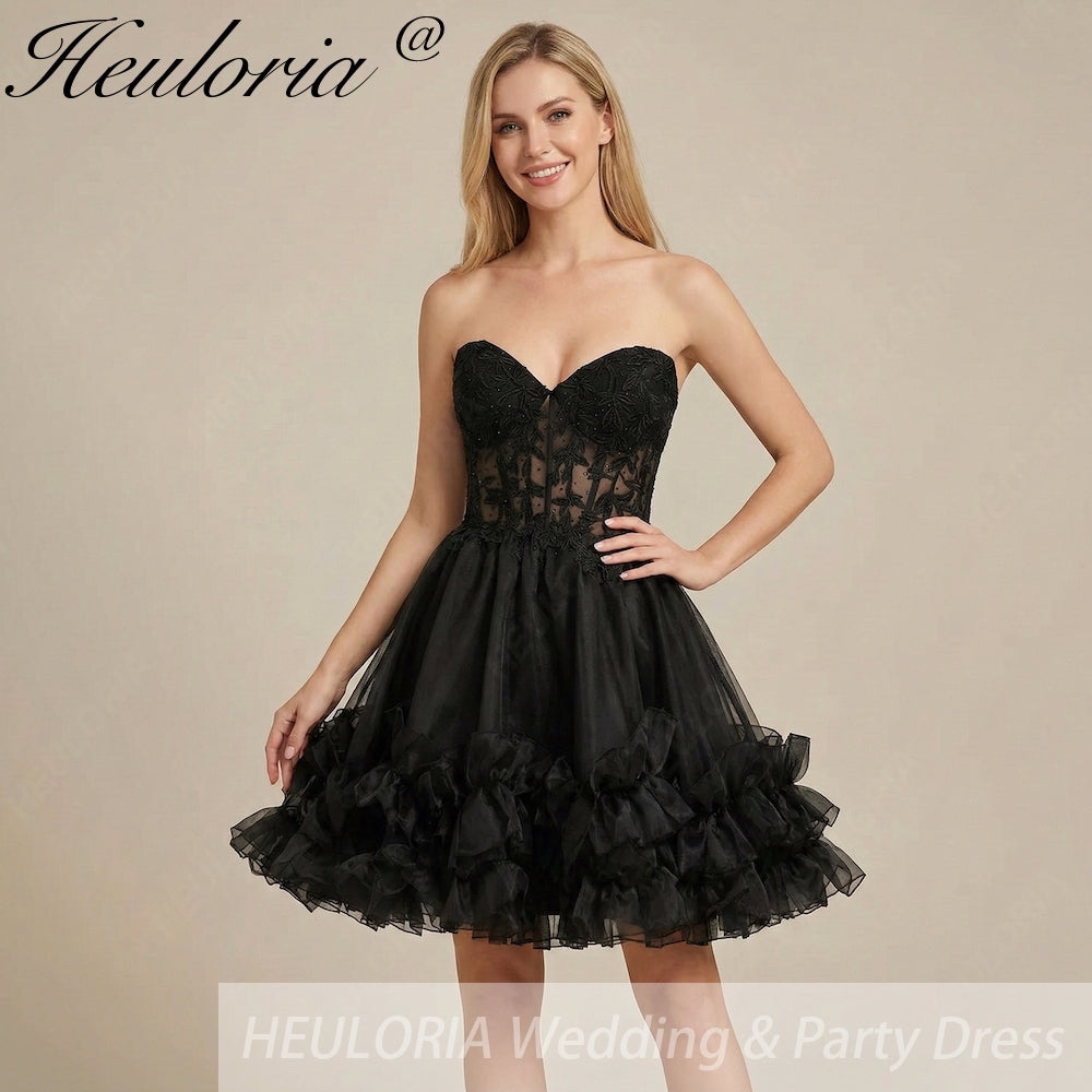 HEULORIA Gothic Glamour Black Strapless Sweetheart Corset Dress - Ruffled Organza Mini Prom Gown ED-321 Image principale du produit
