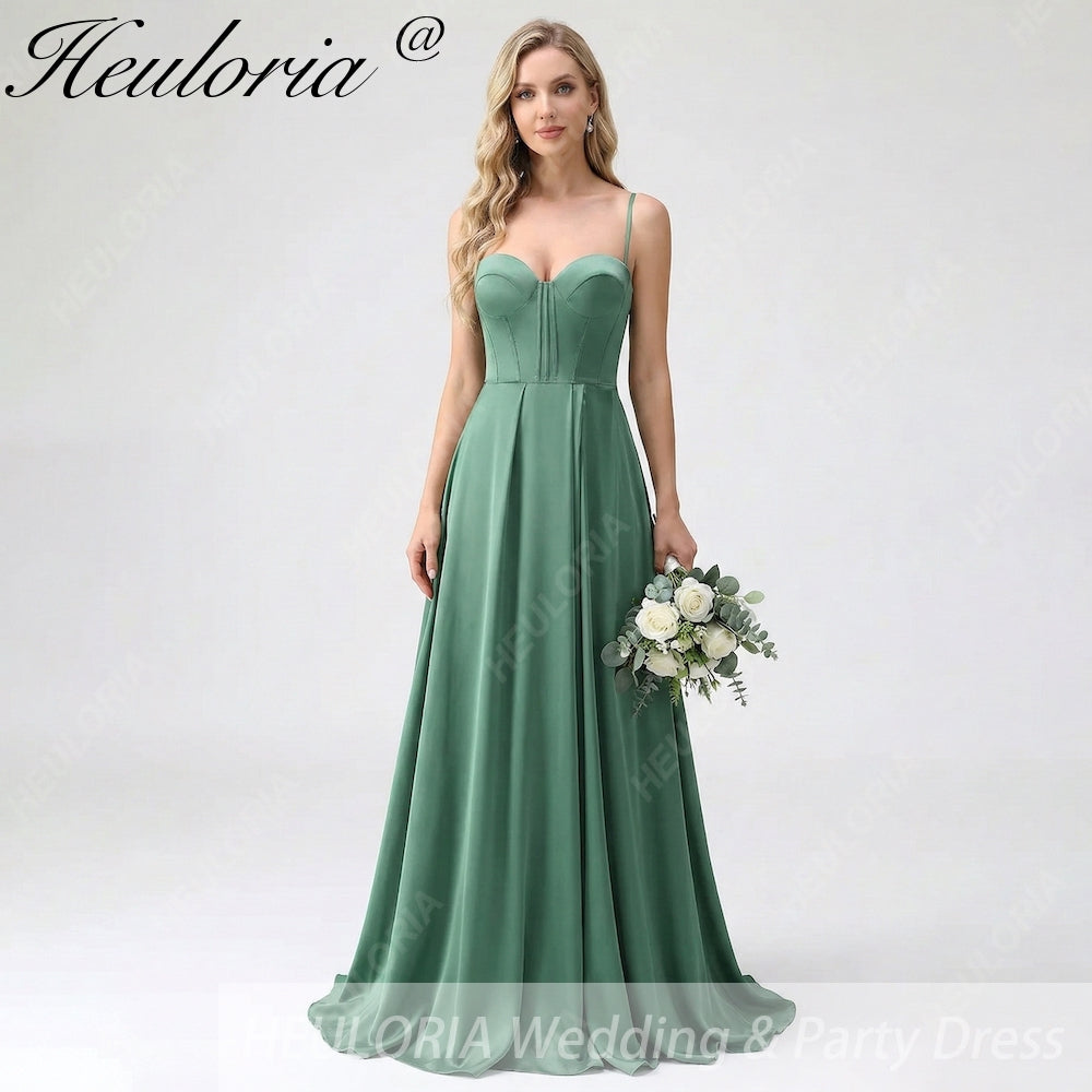 HEULORIA Eucalyptus Green Satin Sweetheart Spaghetti Strap Gown - Lace-up A-Line Formal Dress ED-263