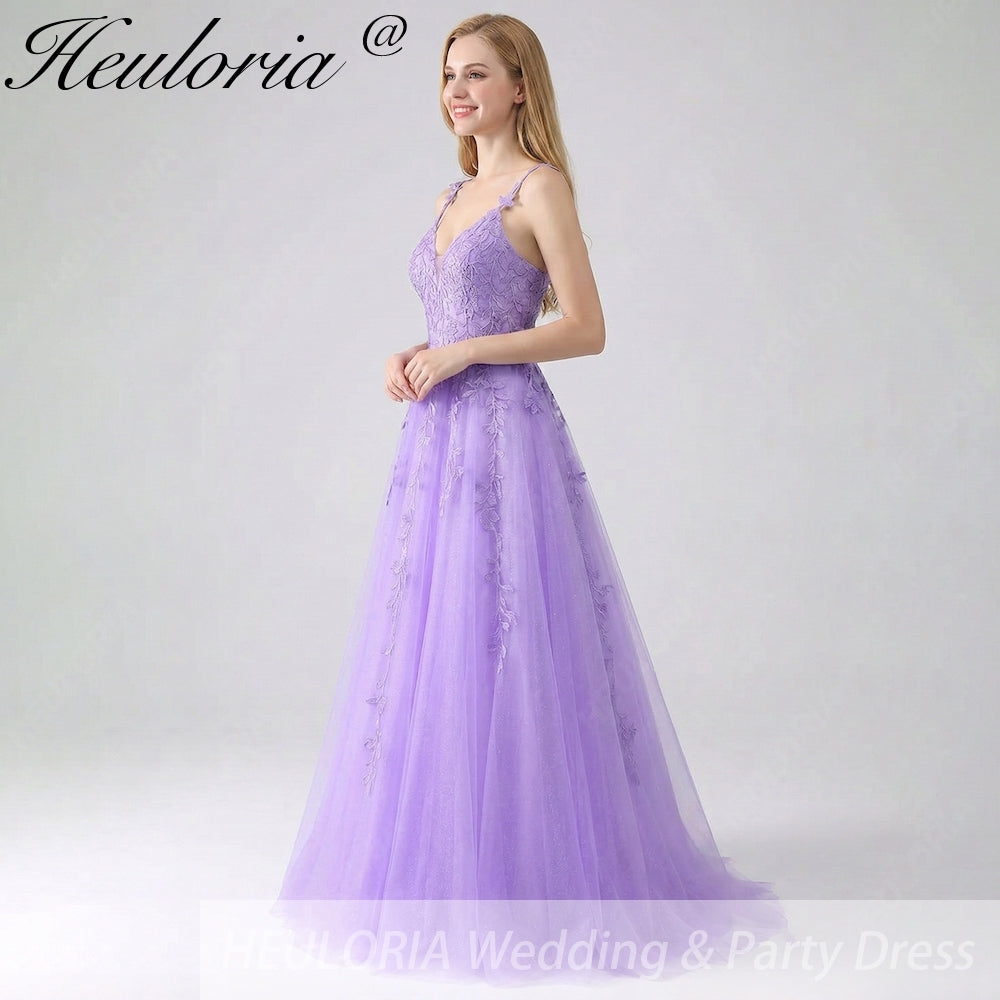 HEULORIA Sparkly Lilac V-Neck Lace Prom Dress - Leafy Embroidery Straps & Corset Back ED-372