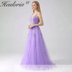 HEULORIA Sparkly Lilac V-Neck Lace Prom Dress - Leafy Embroidery Straps & Corset Back ED-372