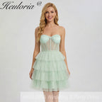 HEULORIA Light Green Sweetheart Corset Mini Dress - Tiered Tulle Strapless Homecoming Gown ED-330