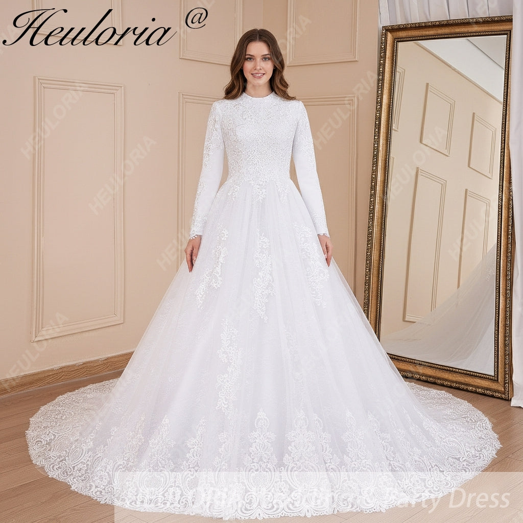HEULORIA Muslim ball gown Wedding Dress long sleeve round neck plus size robe de mariee Lace beading bride dress court train BA-570