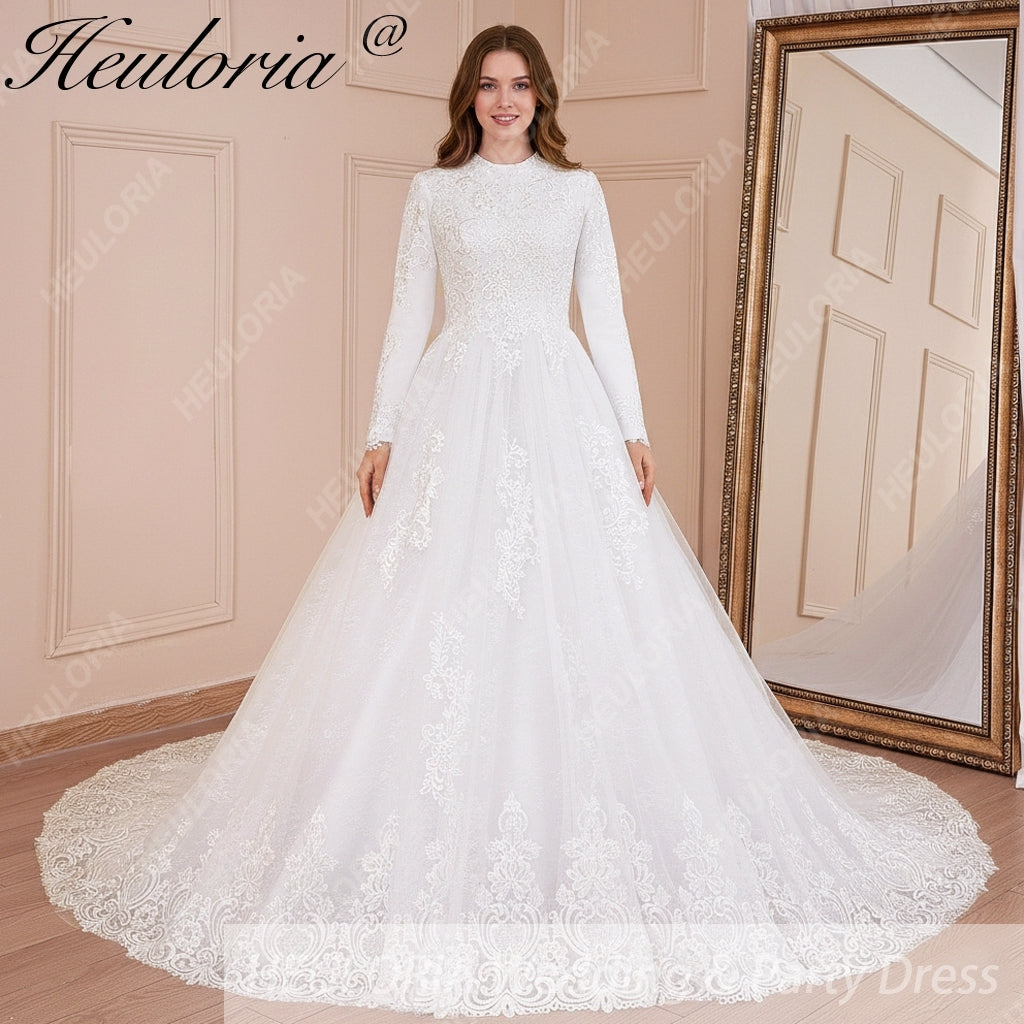 HEULORIA Muslim ball gown Wedding Dress long sleeve round neck plus size robe de mariee Lace beading bride dress court train BA-570