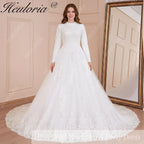 HEULORIA Muslim ball gown Wedding Dress long sleeve round neck plus size robe de mariee Lace beading bride dress court train BA-570