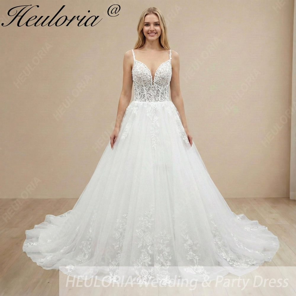 HEULORIA  elegant A line wedding dress Spaghetti Strap lace applique bridal dress Robe De Mariee Wedding Bride Dress AL-1073