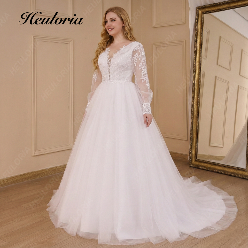 HEULORIA Ethereal Floral Lace A-Line Wedding Dress with Plunging V-Neck and Long Bishop Sleeves AL-783