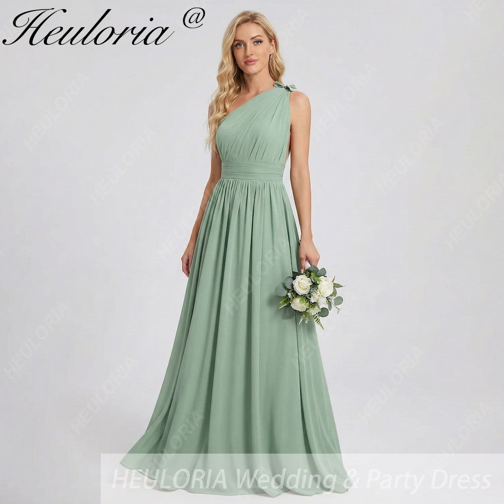 HEULORIA Sage Green One-Shoulder Pleated Chiffon Floor-Length Bridesmaid & Evening Dress ED-243