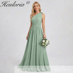 HEULORIA Sage Green One-Shoulder Pleated Chiffon Floor-Length Bridesmaid & Evening Dress ED-243