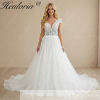 HEULORIA  A line Wedding Dress V neck short sleeve Boho Lace Appliques Tulle Long Bridal Gowns Backless Vestidos de Novia Customized AL-1102