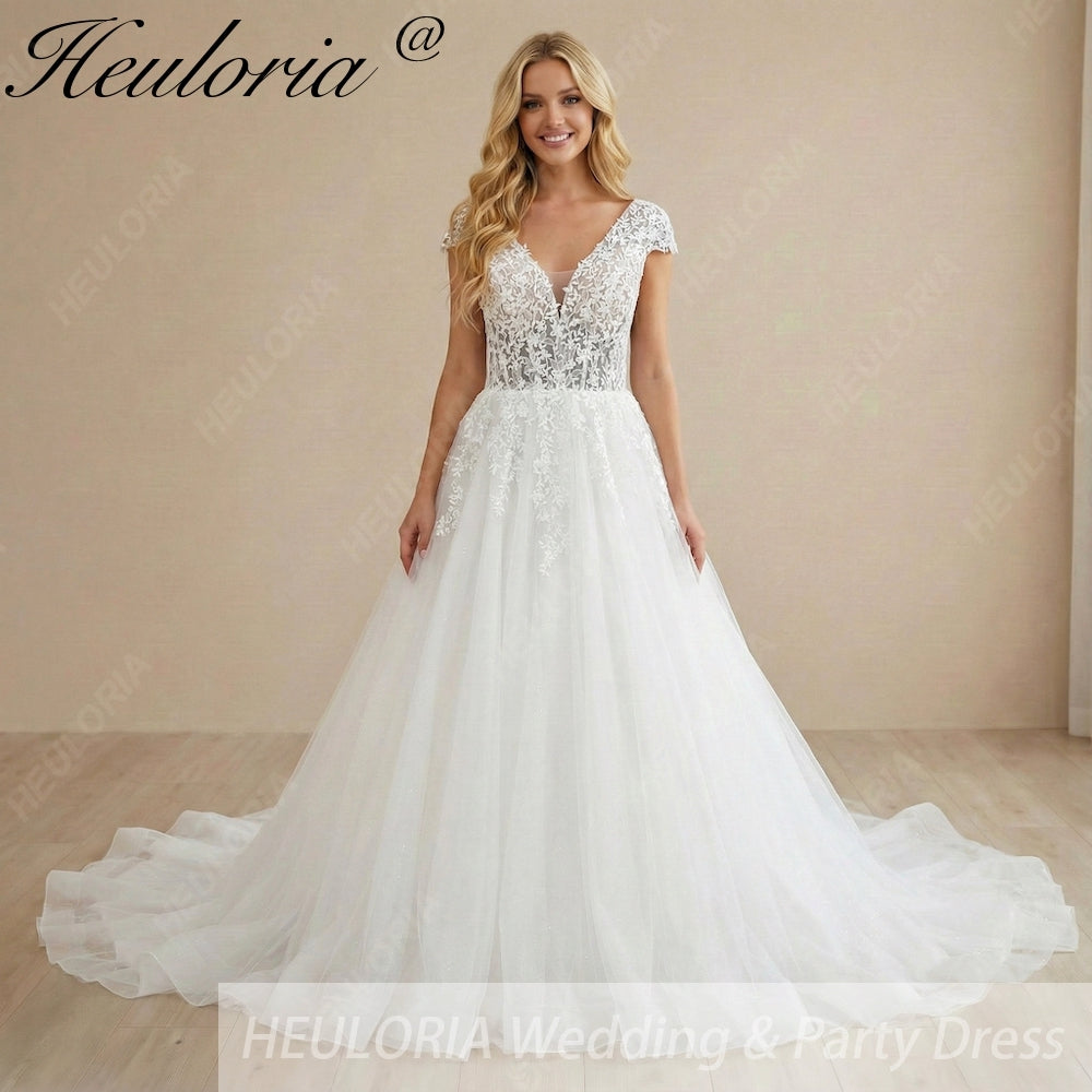 HEULORIA  A line Wedding Dress V neck short sleeve Boho Lace Appliques Tulle Long Bridal Gowns Backless Vestidos de Novia Customized AL-1102