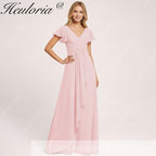 HEULORIA Long Bridemaid dress short sleeve V neck chiffon party dress formal dress ED-135