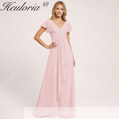 HEULORIA Long Bridemaid dress short sleeve V neck chiffon party dress formal dress ED-135