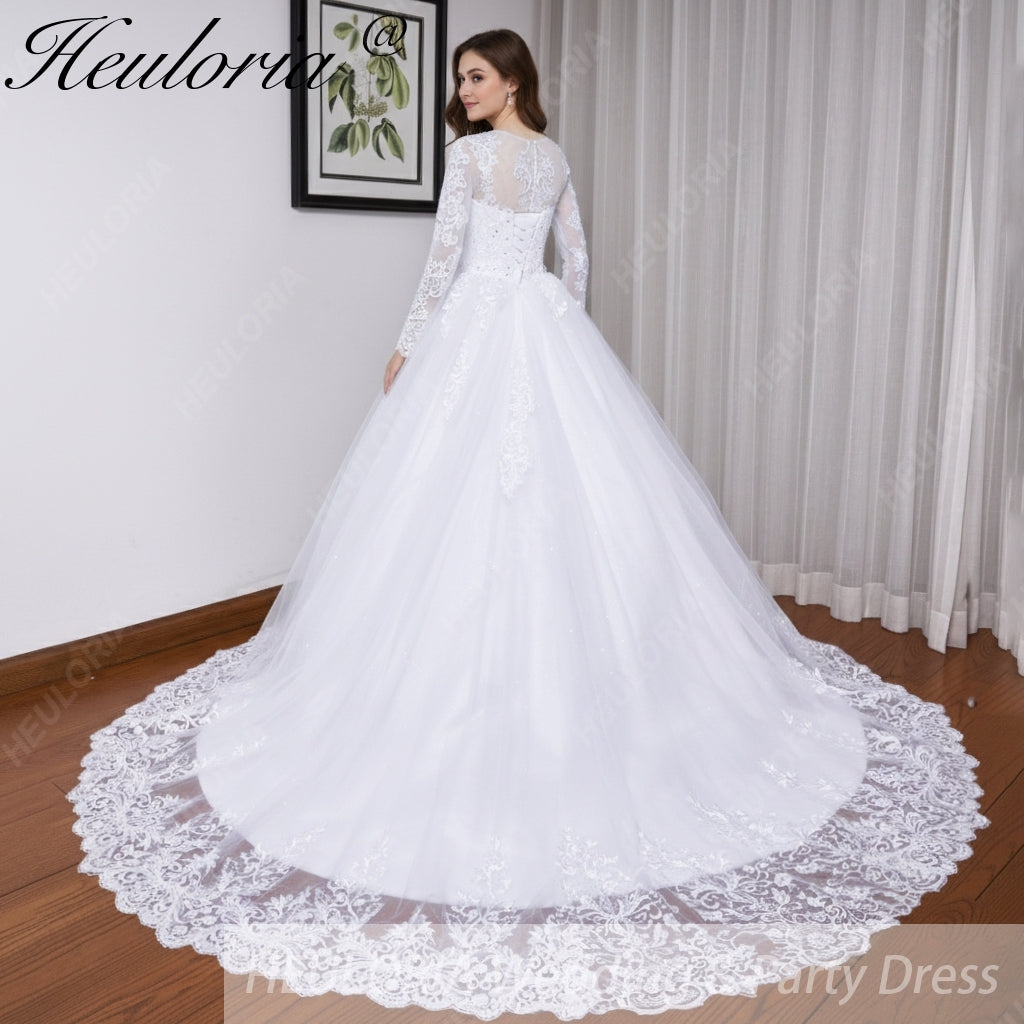 HEULORIA Princess Wedding Dress long sleeve bride dress plus size robe de mariee Lace beading shinny skirt Wedding Bridal Gown BA-530 Immagine secondaria del prodotto
