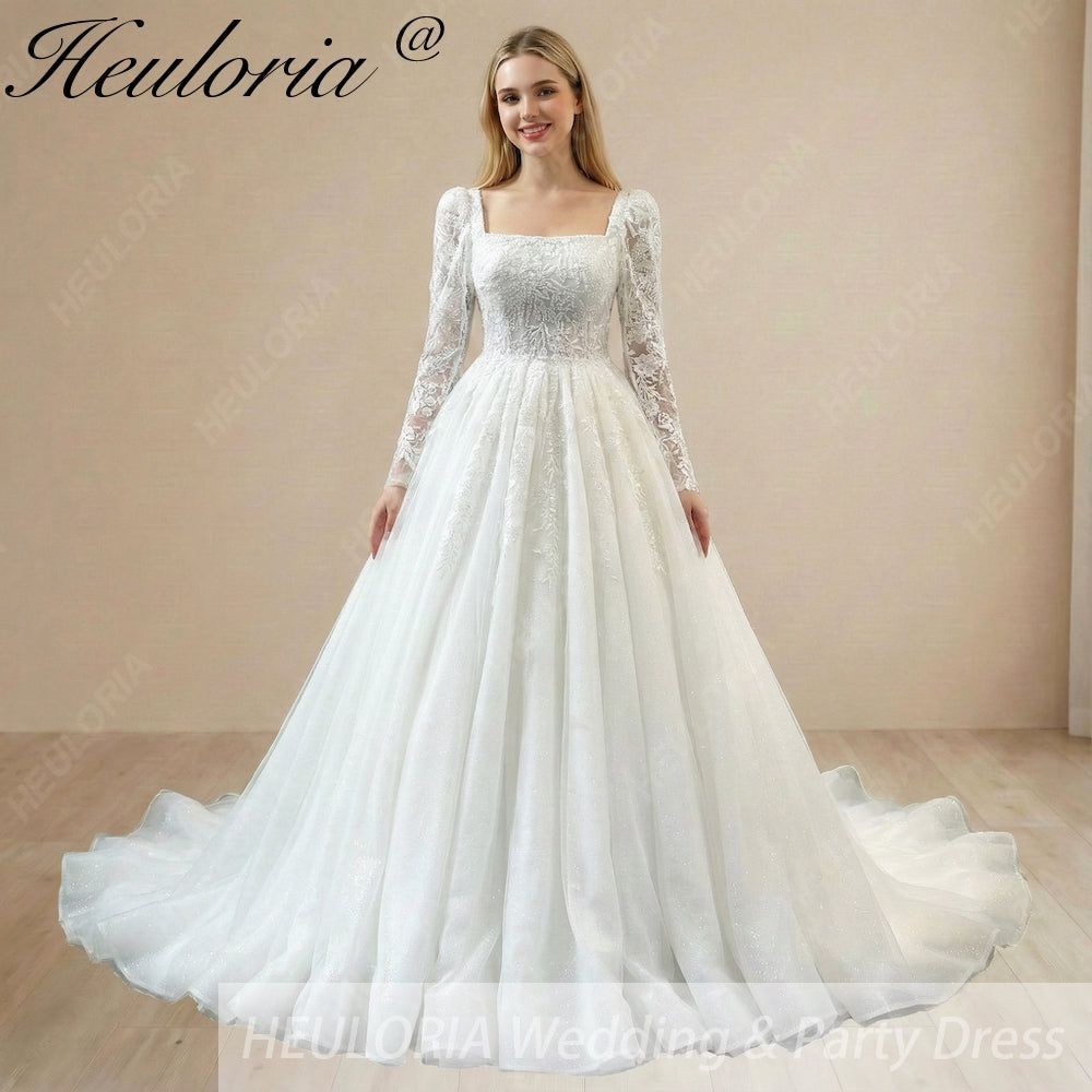HEULORIA Elegant Square Neck Long Sleeve Lace A-Line Wedding Dress with Shimmer Tulle and Cathedral Train BA-1210