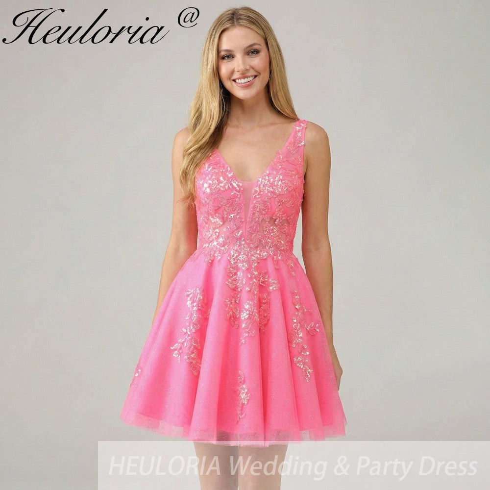 HEULORIA Sparkling V-Neck Sequined Lace Homecoming Dress - Sleeveless A-Line Short Party Gown ED-281