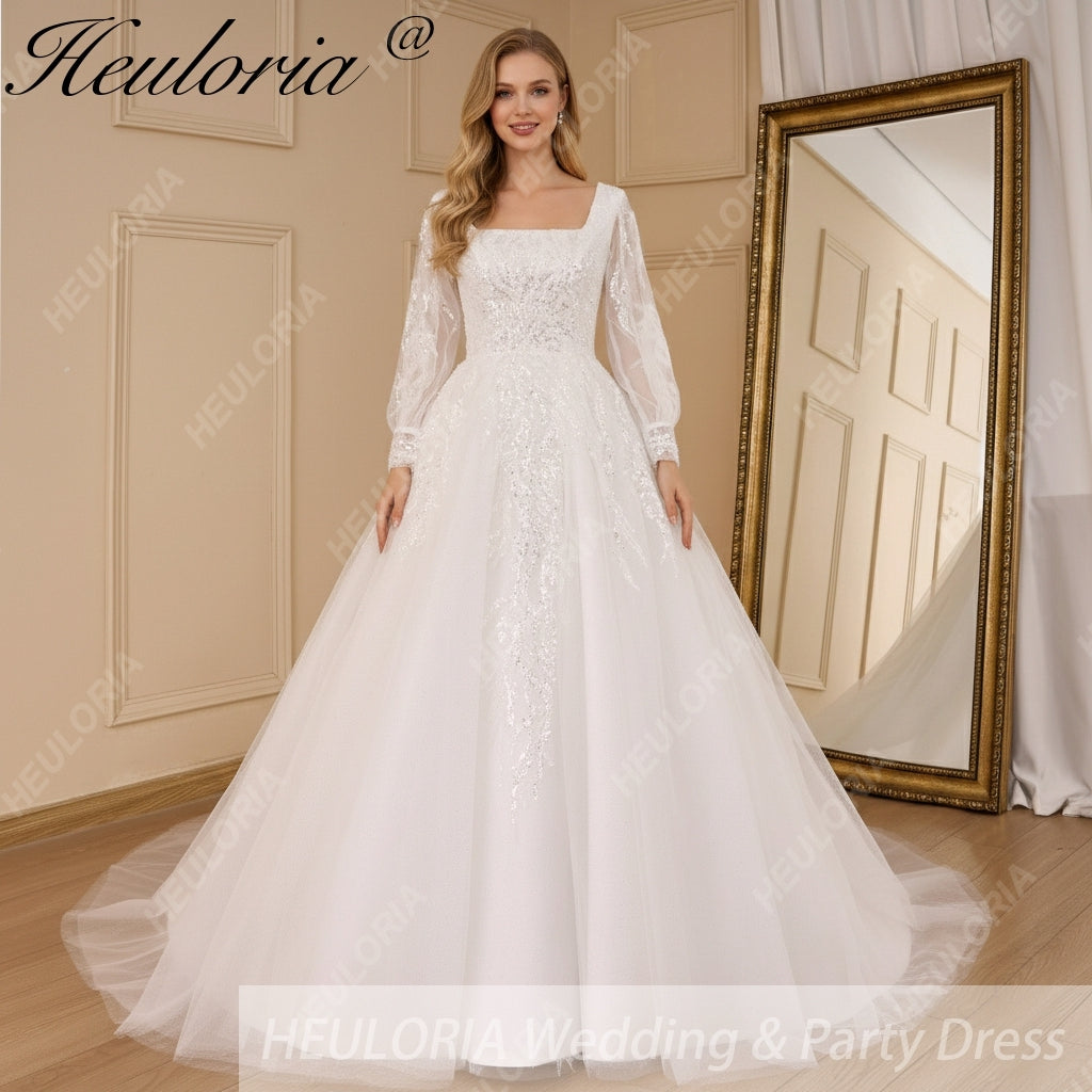 HEULORIA elegant A line wedding dress long sleeve Sparkly Glitter lace beading bride dress Robe De Mariee Wedding Bride Dress AL-820