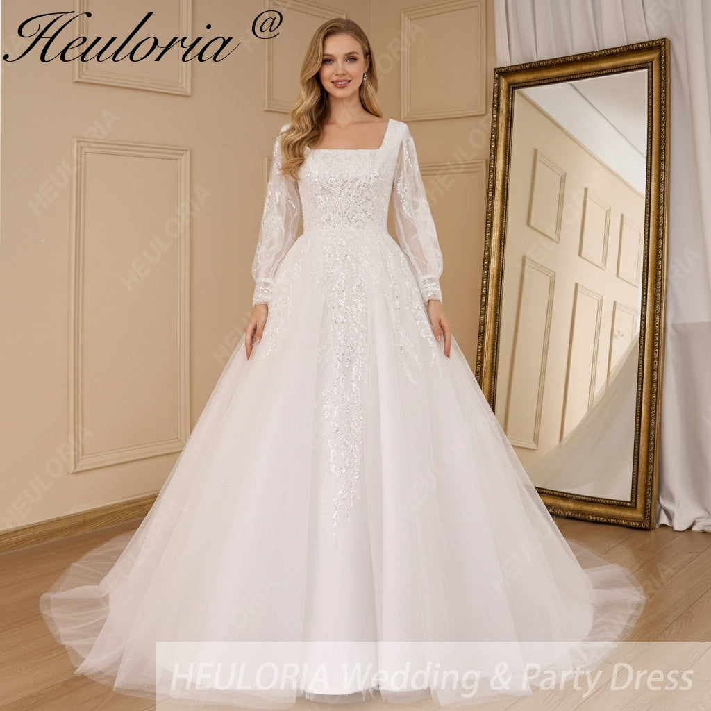 HEULORIA elegant A line wedding dress long sleeve Sparkly Glitter lace beading bride dress Robe De Mariee Wedding Bride Dress AL-820