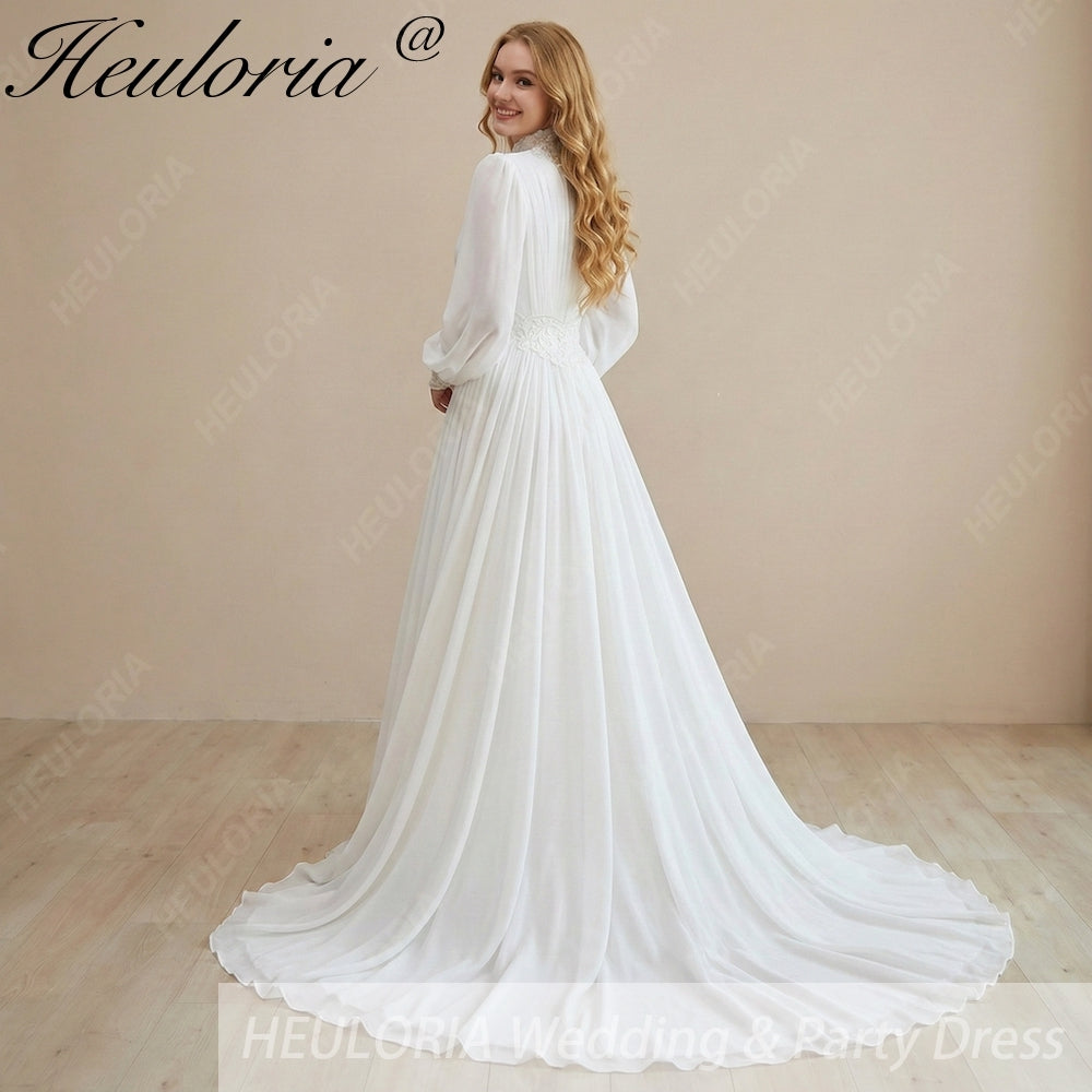 HEULORIA Victorian-Inspired High Neck Lace Wedding Dress - Ethereal Bishop Sleeves & Pleated Chiffon Bridal Gown AL-358 Imagen secundaria del producto
