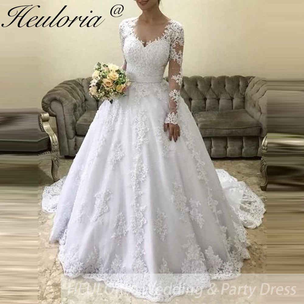 Princess Wedding Dress long sleece v neck lace bride dress plus size robe de mariee Lace beading Wedding Bridal Gown BA-85