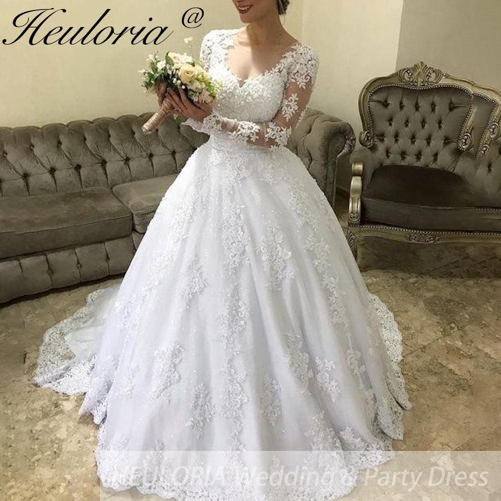 Princess Wedding Dress long sleece v neck lace bride dress plus size robe de mariee Lace beading Wedding Bridal Gown BA-85