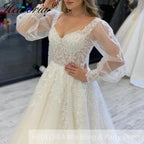 HEULORIA elegant A line wedding dress long sleeve Sparkly Glitter lace beading bride dress Robe De Mariee Wedding Bride Dress AL-233