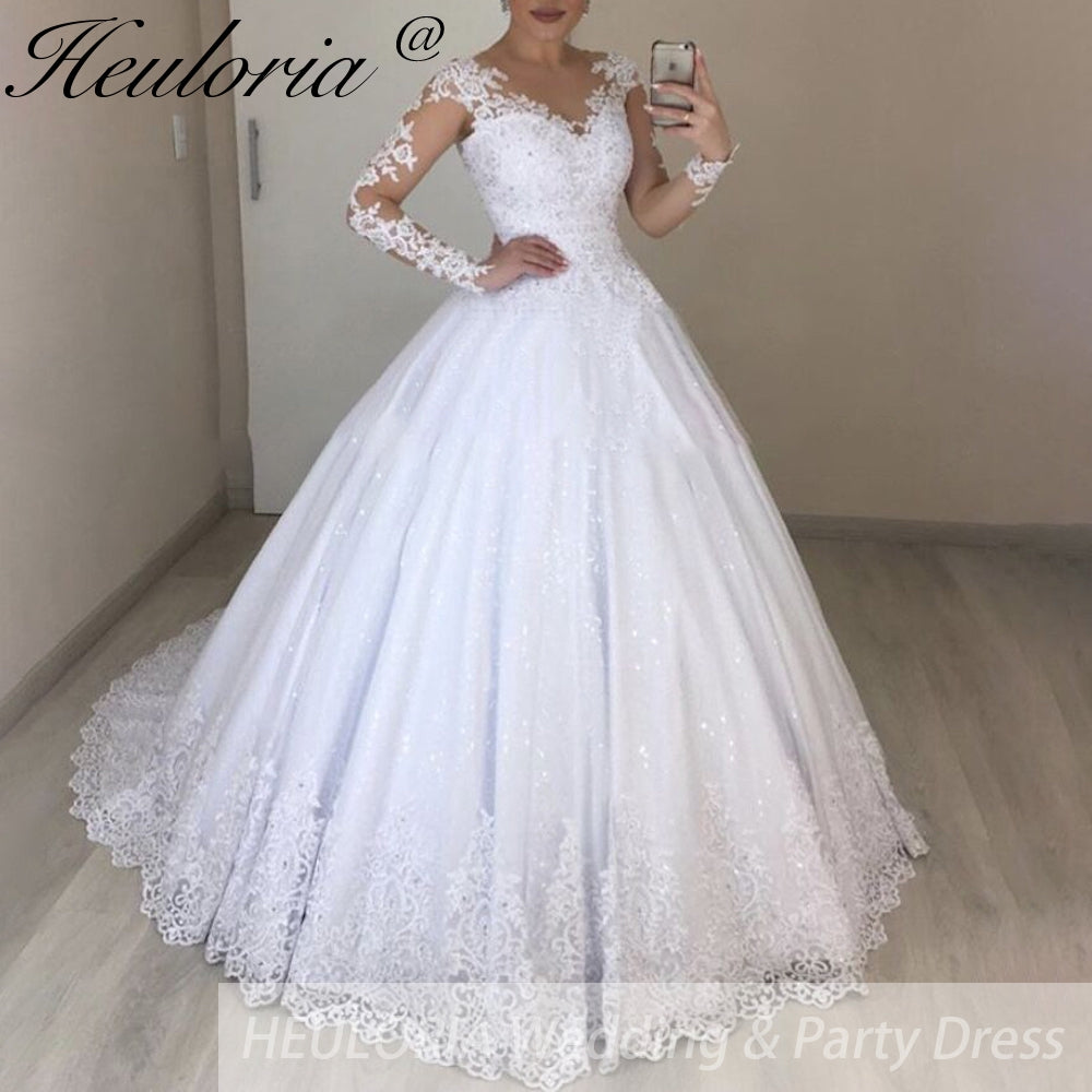 Princess Wedding Dress long sleece v neck lace bride dress plus size robe de mariee Lace beading Wedding Bridal Gown BA-62