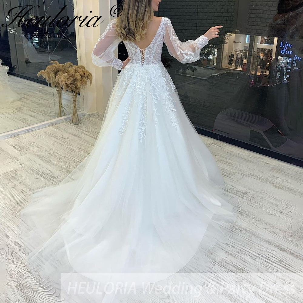 HEULORIA elegant A line wedding dress long sleeve Sparkly Glitter lace beading bride dress Robe De Mariee Wedding Bride Dress AL-233