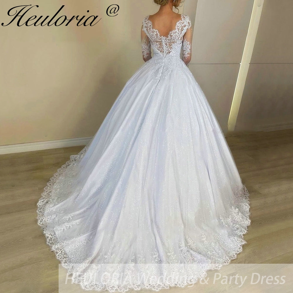 Princess Wedding Dress long sleece v neck lace bride dress plus size robe de mariee Lace beading Wedding Bridal Gown BA-64